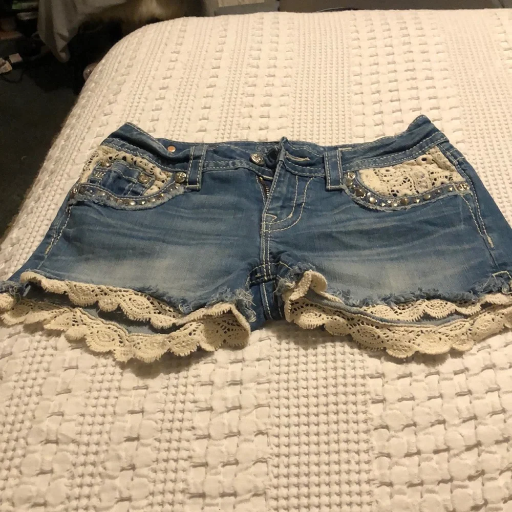 Blue Denim Jean Shorts with Lace Trim